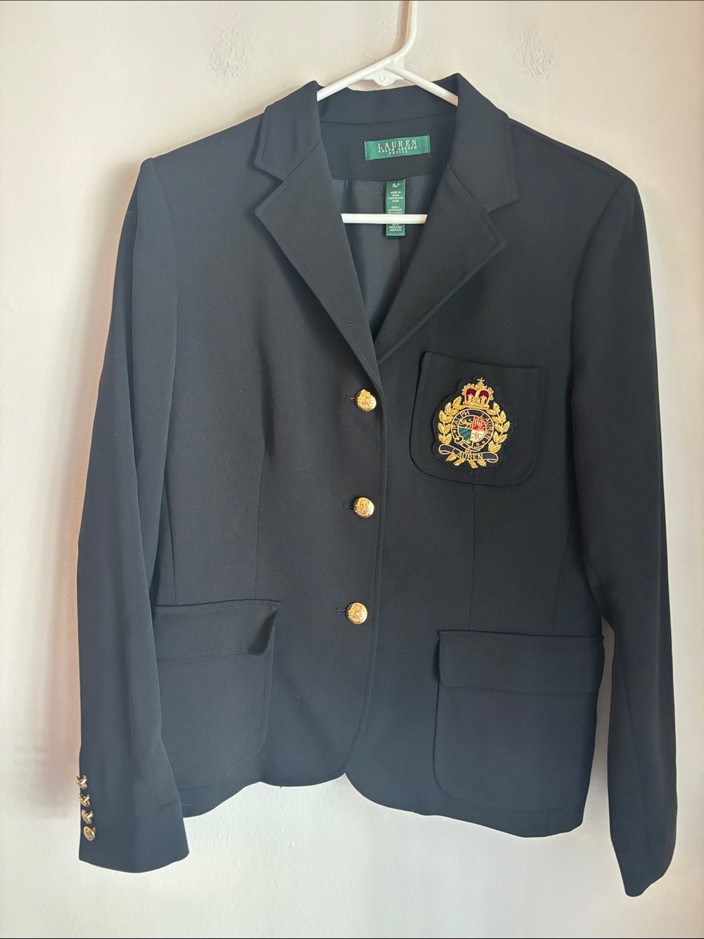 Ralph Lauren vintage wool embroidered patch Blazer & skirt set gold Buttons 14P